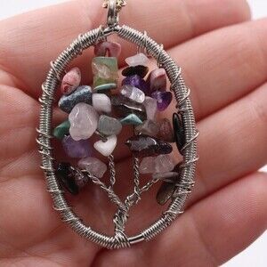 Handmade Multi-Colored Stone Wire Tree of Life Pendant Necklace Tarnished Chain